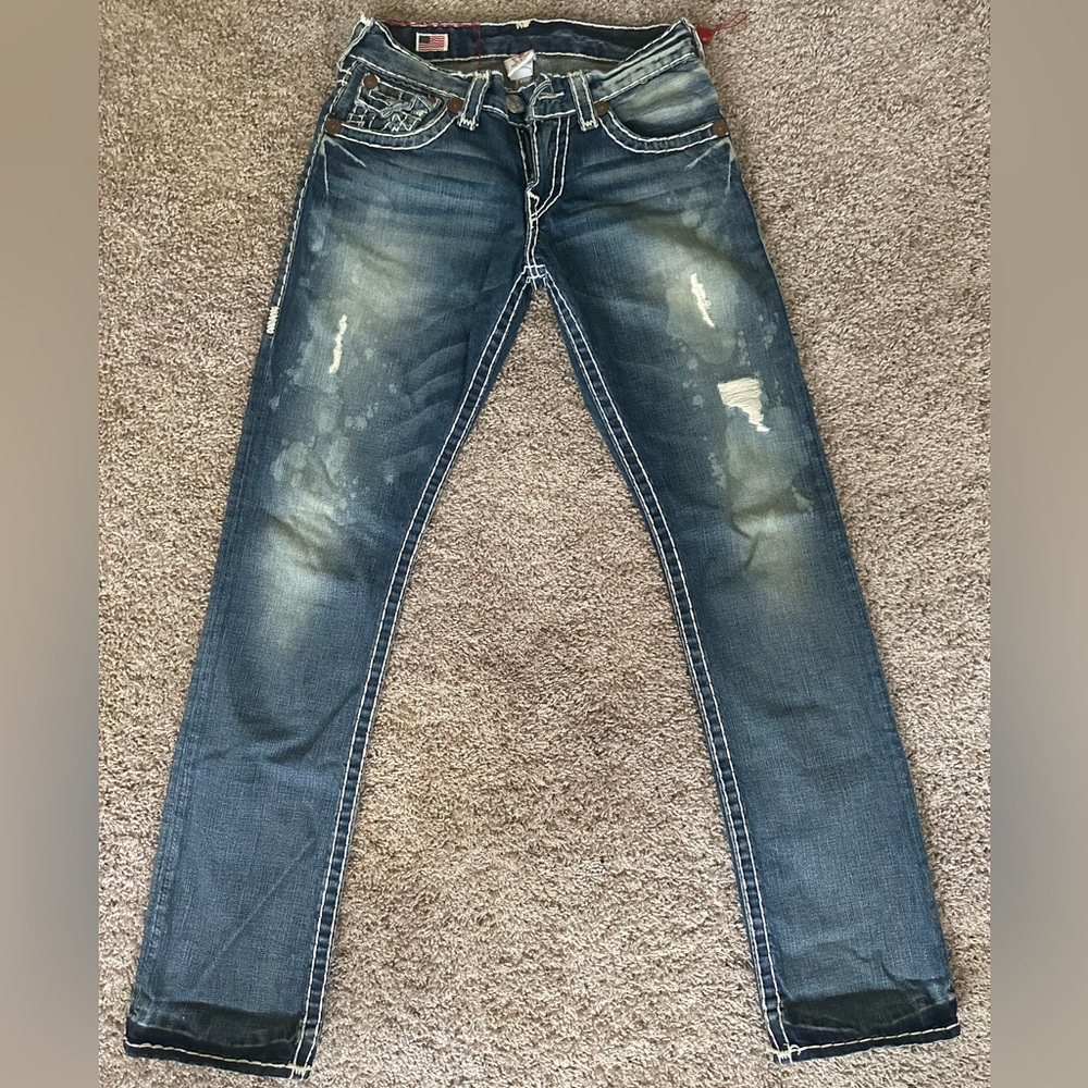 True Religion Blue Boot Cut Jeans with Vintage Distressing